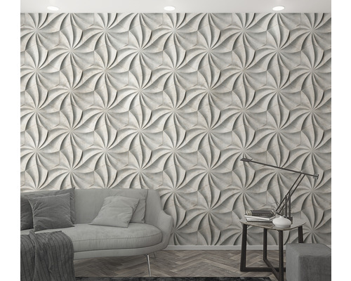 Woonkamer met driedimensionale wandpanelen, bank en bijzettafel