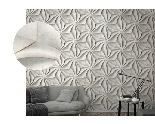 Woonkamer met driedimensionale wandpanelen met bloemmotief