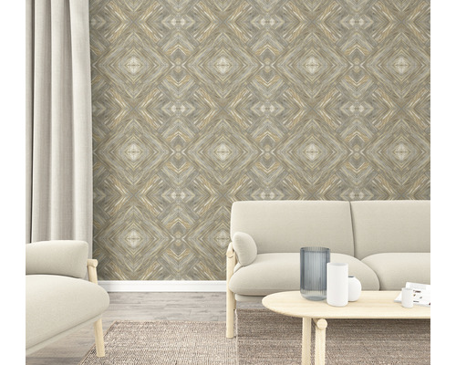 Woonkamer met vliesbehang met houtlookmotief