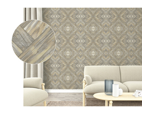 Woonkamer met behang met houtlook patroon