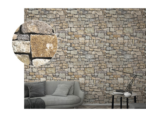 Woonkamer met behang in steenlook op de muur