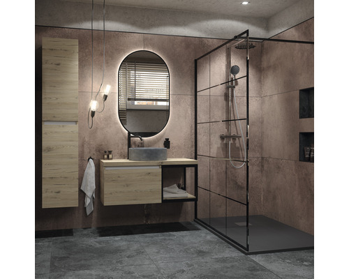 Wand- en vloertegel Manufacture brons roest 80x160 cm gerectificeerd Moderne badkamer met douche, wastafel, spiegel en hangkast