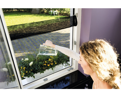 Vrouw geeft bloemen in bloembak water met een gieter op het raam met insectenhor