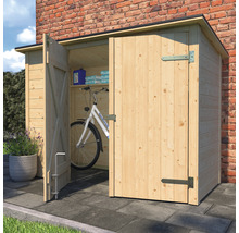 Houten tuinhuis met open deuren, fiets en planken