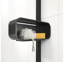 Zwart douche-opbergrek met badspons en zeep