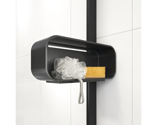 Zwart douche-opbergrek met badspons en zeep