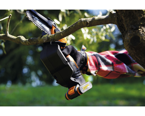 Accu kettingzaag die een tak doorsnijdt