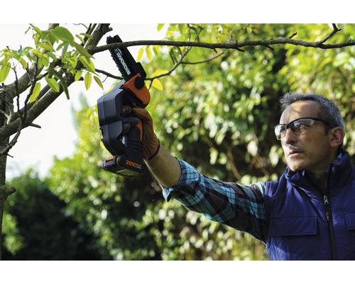 Iemand gebruikt een accusnoeizaag om een boom te snoeien.