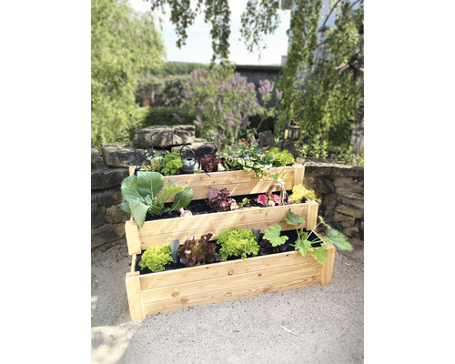 Houten hoogslaper met drie niveaus beplant met groenten in de tuin.