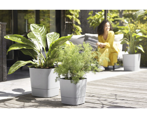 Bloempotten op een terras met een vrouw op de achtergrond