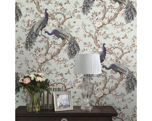 Behang met pauwen, bloemen en vogels