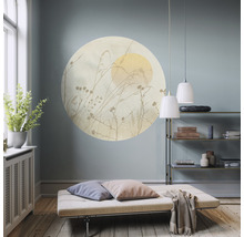 Woonkamer met muursticker met grassen motief, ligbed en plank