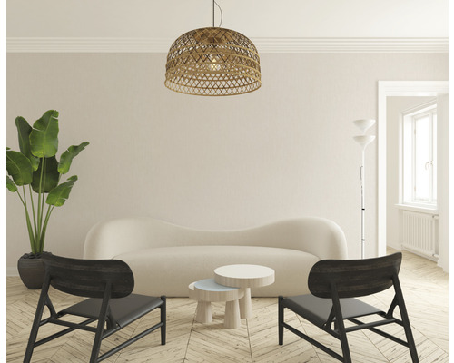 Woonkamer met bank, twee stoelen, salontafels, staande lamp, kamerplant en hanglamp van rotan