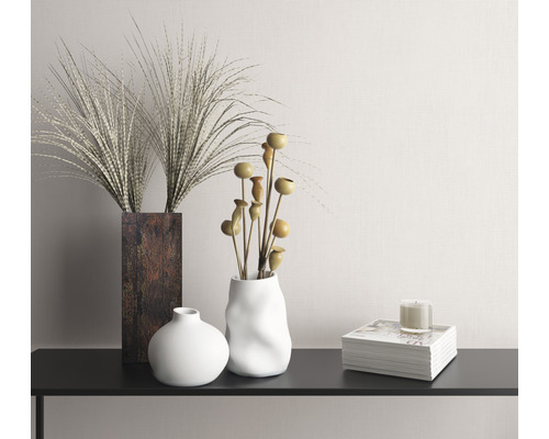 Decoratieve opstelling met vazen, planten en boeken op een zwarte tafel