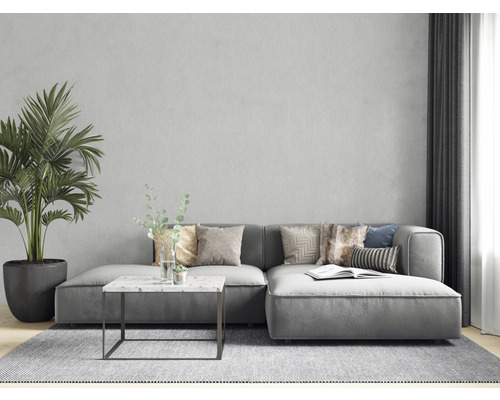 Moderne woonkamer met grijze bank, kussens, tafel, kamerplant en tapijt