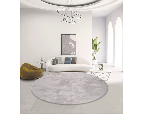 Lichte woonkamer met bank, fauteuil, salontafel, kamerplant, lamp en rond vloerkleed