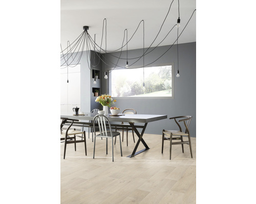 Eetkamer met eettafel, stoelen en hanglampen aan het plafond