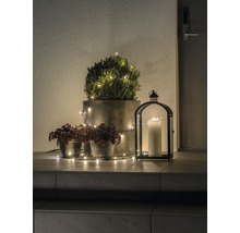 Decoratieve scène met planten in potten, lichtsnoer en een lantaarn met kaars op een trap.