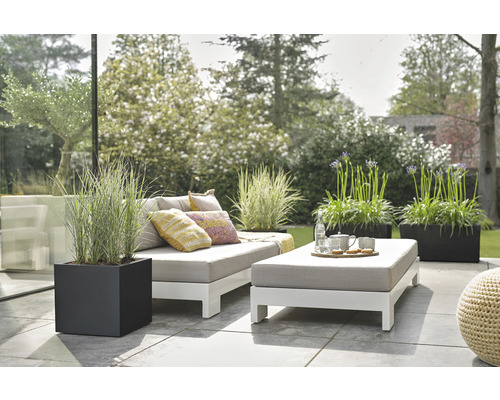 Terrasscène met tuinmeubelen, planten in plantenbakken en decoratieve kussens