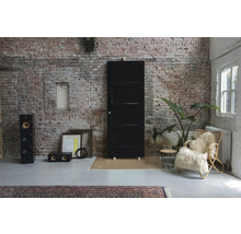 Kameroverzicht met zwarte deur, luidsprekers, fauteuil en decoratie voor een bakstenen muur