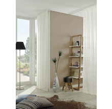 Lichte woonkamer met raam, gordijnen, rek en decoratie