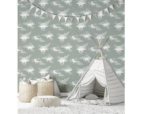 Kinderkamer met dinosaurierbehang, speeltent, manden en poef