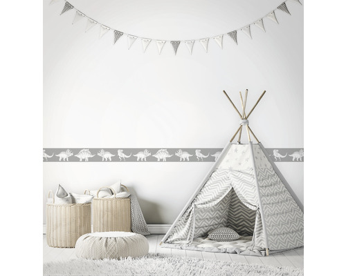 Kinderkamer met dinosaurusrand, speeltent en decoratie