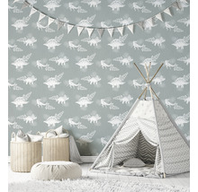 Kinderkamer met dinosaurierbehang, speeltent en opbergmanden