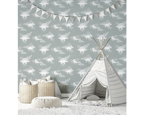 Kinderkamer met dinosaurierbehang, speeltent en opbergmanden