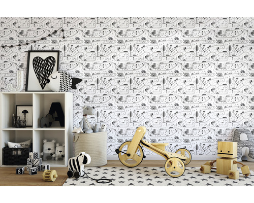 Kinderkamer met behang, speelgoed en opbergmeubels