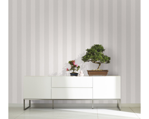 Behang met strepen in woonkamer met dressoir en bonsai boompjes.