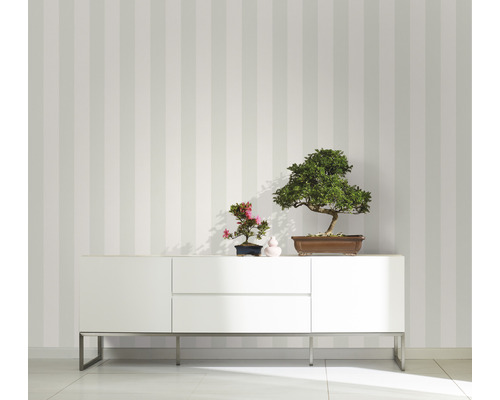 Kamerzicht met gestreept behang, wit dressoir en bonsaiplanten als decoratie