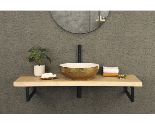 Badkamer wastafelmeubel met opzetwastafel, kraan, spiegel en decoratie