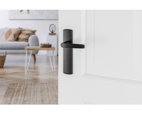 Zwarte deurklink op witte deur in moderne woonkamer