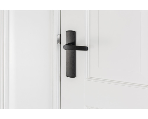 Zwarte deurklink op een witte deur