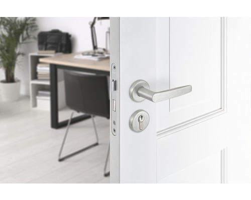 Witte deur met metalen deurbeslag en kantoormeubilair op de achtergrond