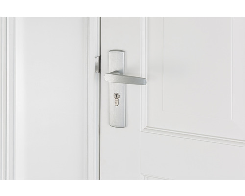 Witte deur met zilverkleurige deurklink en sleutelgat