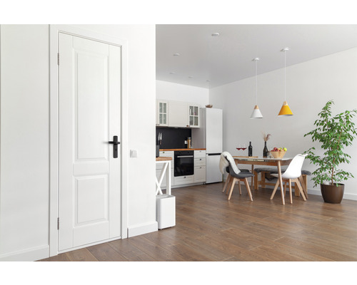 Lichte woonkamer met deur, keuken, eettafel en kamerplant