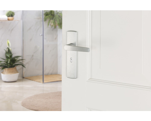 Wit gelakte deur met deurklink en badkamer op de achtergrond