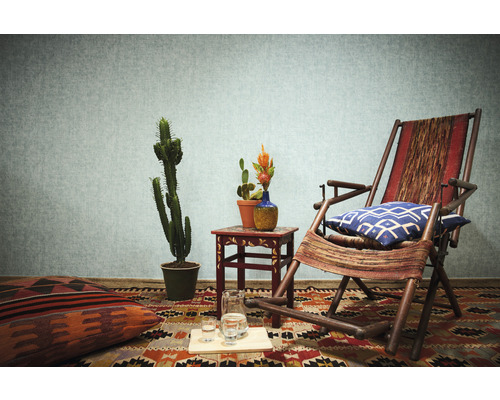 Woonkamer met fauteuil, vloerkleed, kussens, tafel en cactussen
