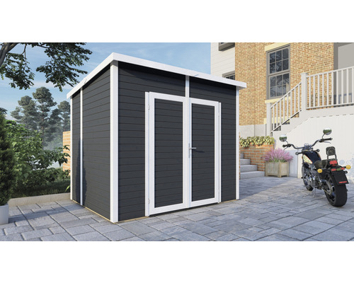 Houten tuinhuis met dubbele deur voor een huis