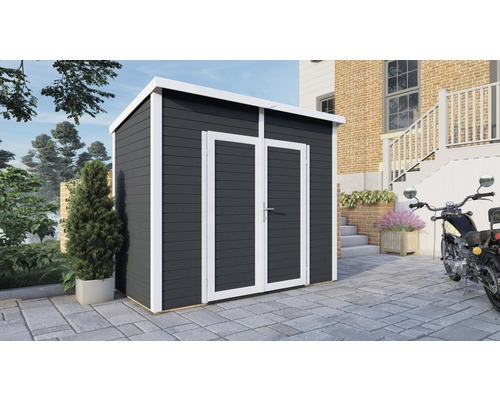 Tuinhuis met dubbele deur en plat dak in buitenomgeving.