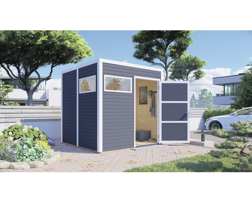 Modern tuinhuis met raam en open deur in een tuin.