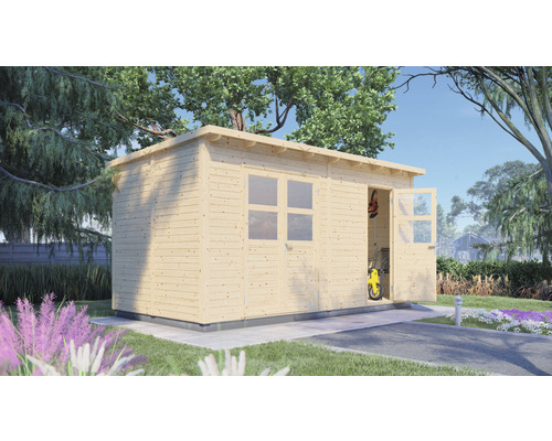 Houten tuinhuis met raam en open deur in de tuin