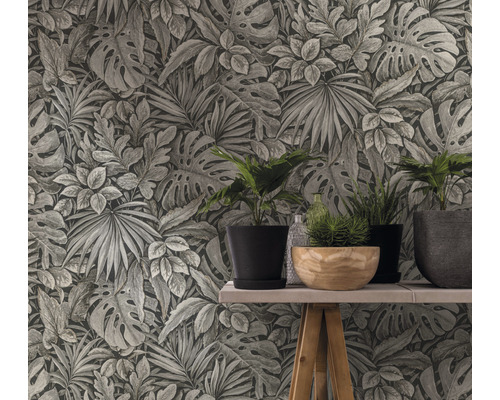 Decoratieve scène met tropisch bladerbehang en planten in potten