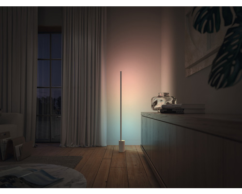 Woonkamer met vloerlamp, dressoir en raam