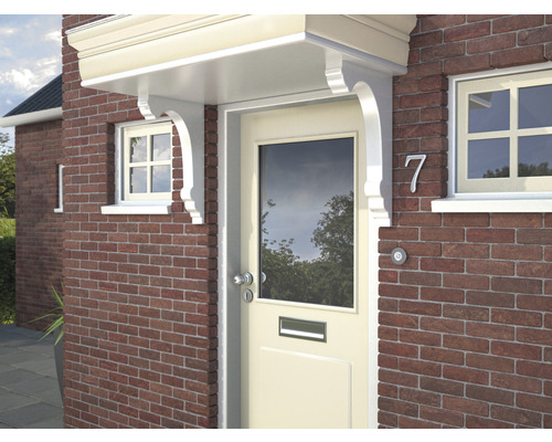 Metalen deur luifel op een bakstenen huis