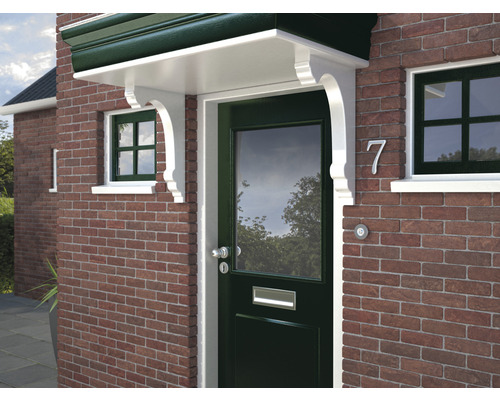 Vooraanzicht van een huis met voordeur, afdak en raam