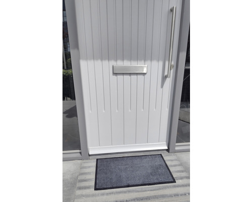 Entree met deurmat voor een voordeur met brievenbus en handgreep