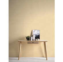 Decoratieve wand met licht vliesbehang, bureau, plant en decoraties.